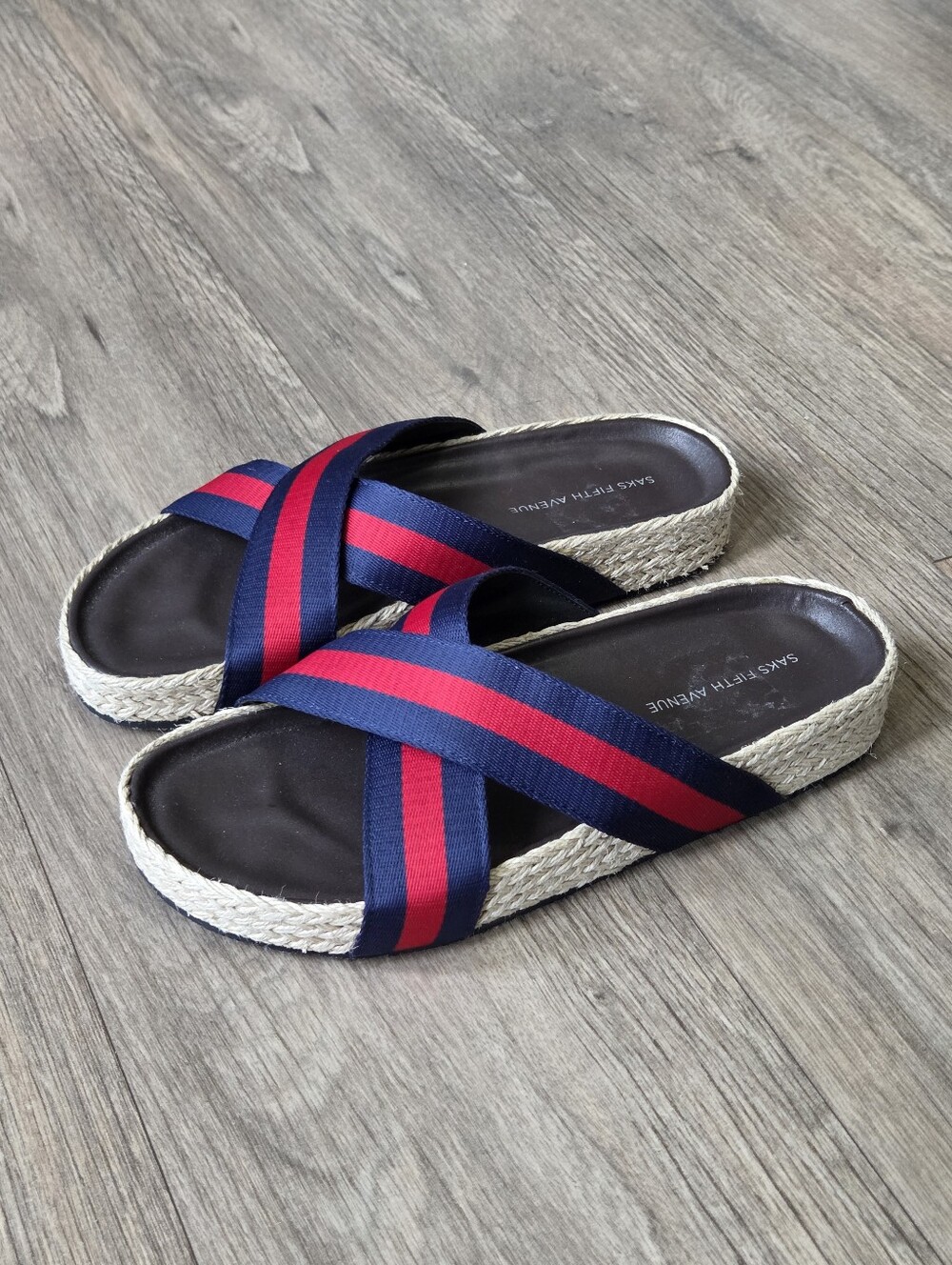 SAKS FIFTH AVENUE Navy & Red Crisscross Espadrille Slides - Picture 6 of 7